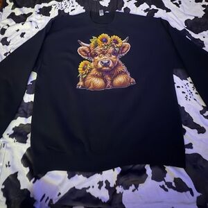 Gildan Black Crewneck Sweater with Cow and Sunflower Design